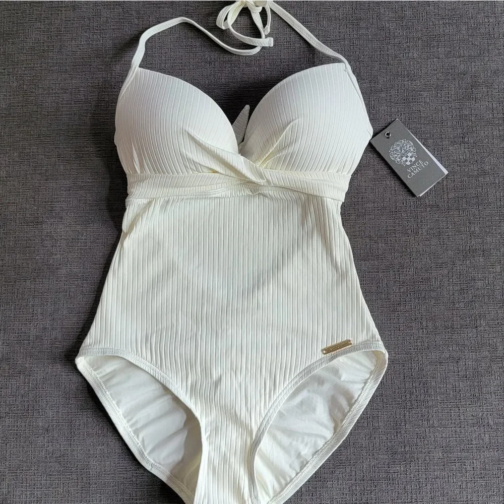 Vince Camuto Ivory Halter Wrap Front Molded Cups One Piece Women's Swims…